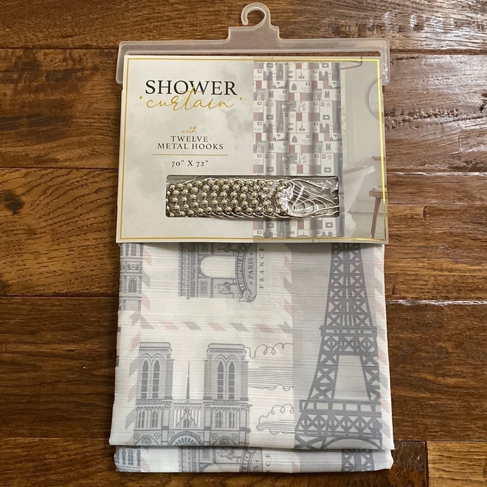 Paris Stamps Shower Curtain Set with hooks NEW